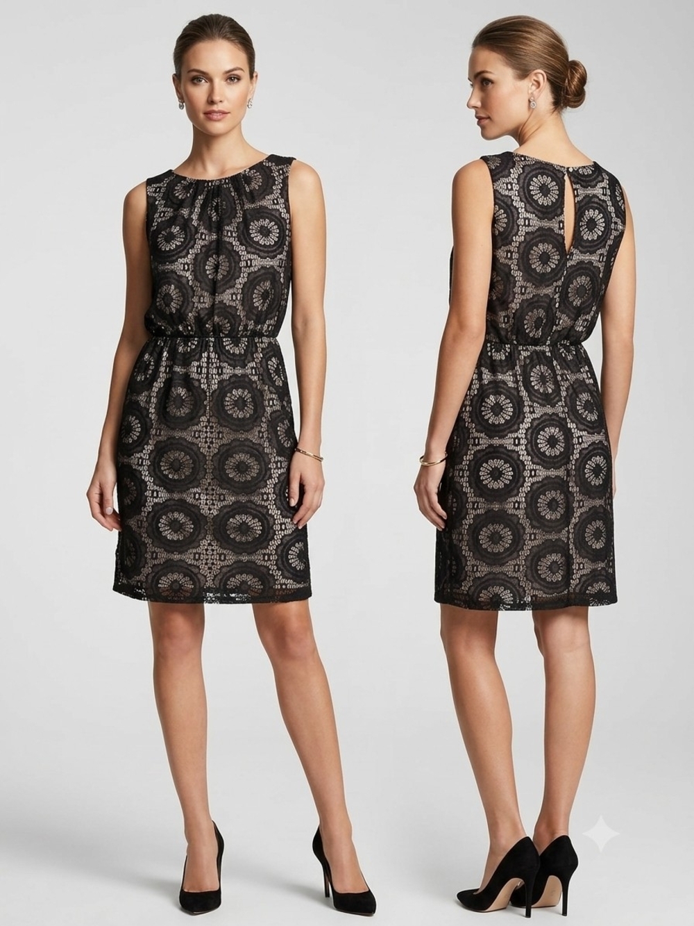 Maggy London Black Lace-Overlay Sheath Dress with Neutral Underlay